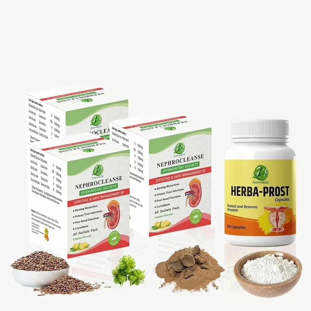 Herba-Prost कैप्सूल बोतल और Nephrocleanse इफ़र्वेसेंट सैशे के पैक